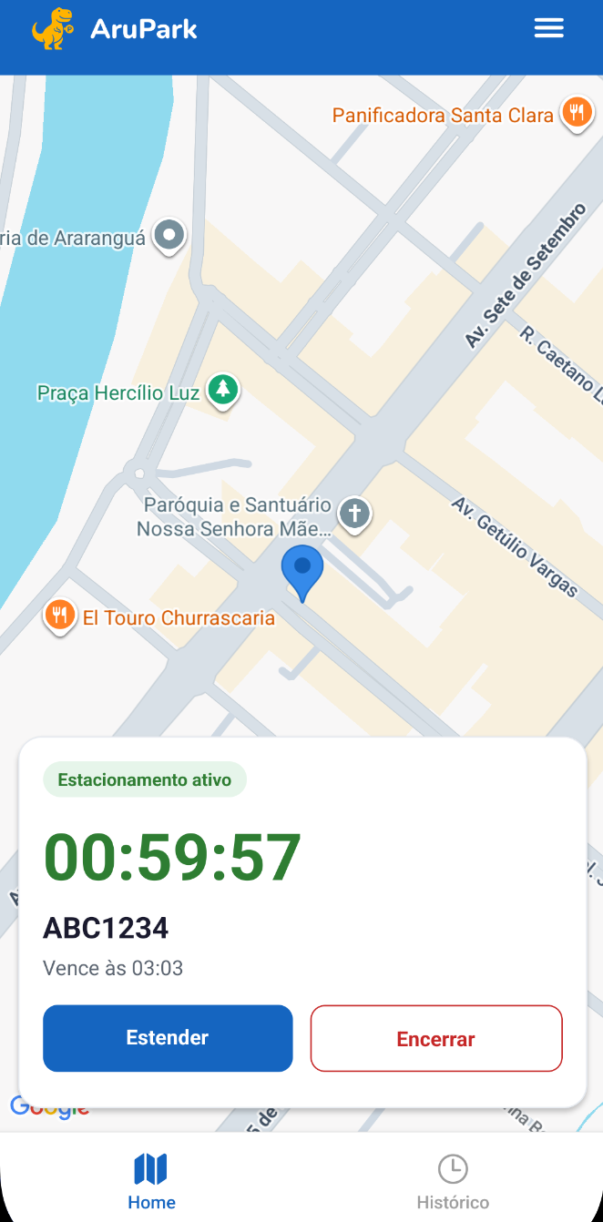 Tela com cronômetro ativo da sessão de estacionamento em andamento