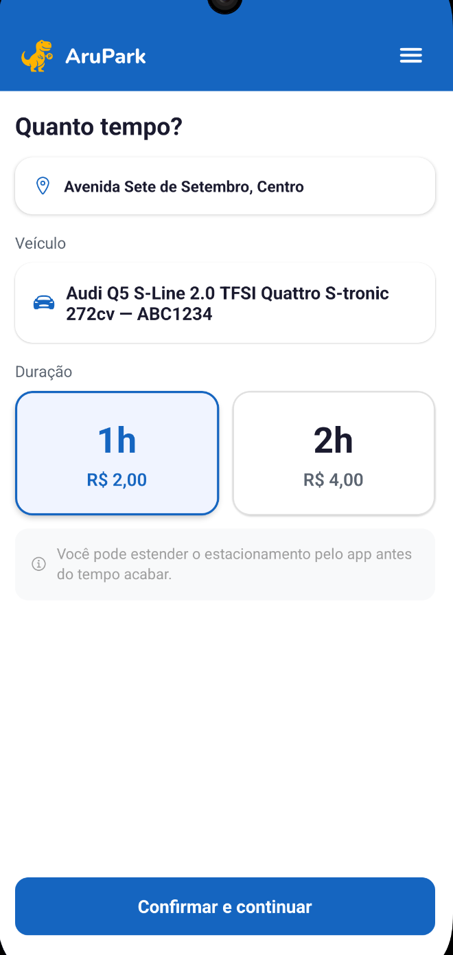 Tela de escolha do veículo e da duração do estacionamento