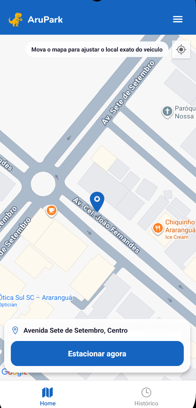 Tela inicial do AruPark com mapa e botão para estacionar agora
